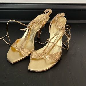 Kate spade Snake gold embossed leather straps tie heeled sandal size 7 1/2